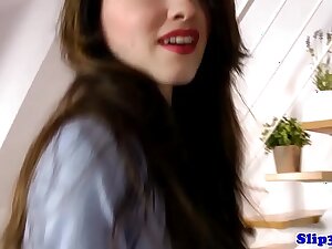British schoolgirl rides daddy on couch
